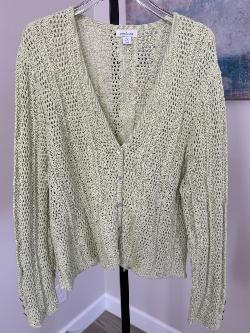 Sundance Womens Petite Large Green Crochet Open Knit Cotton Cardigan Sweater New